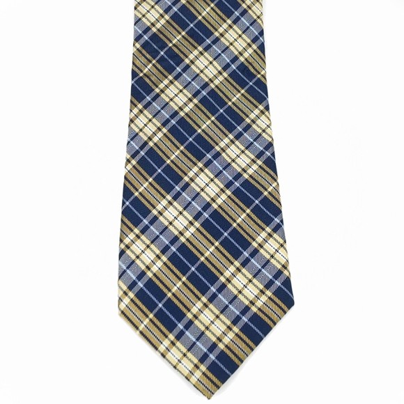 CHAPS Tie Navy & Light Blue Yellow Plaid Striped 100% Silk Hand Made Necktie 58" - Picture 6 of 12